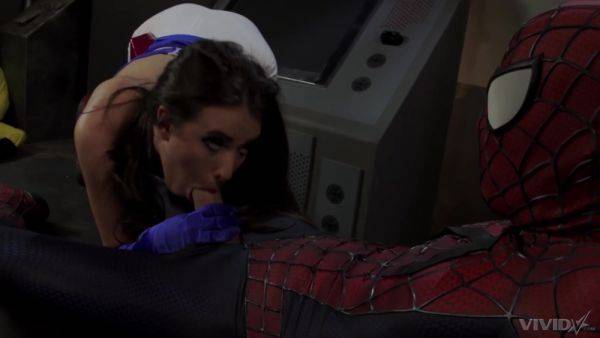 Slender brunette tries Spider man's endless dick in each of her holes - xbabe.com on nochargetube.com