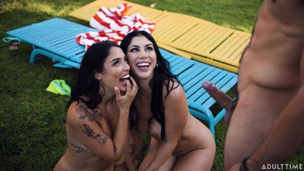 Nude babes share dick in backyard FFM scenes and swallow cum togther - xbabe.com on nochargetube.com