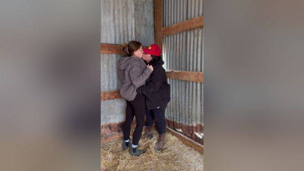 Sexy Lesbian Farmers Kiss And Touch Each Other In The Barn - videomanysex.com on nochargetube.com