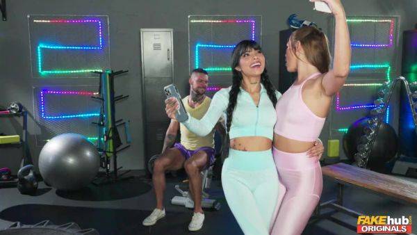 Sporty broads share cock in insane threesome at the gym - xbabe.com on nochargetube.com