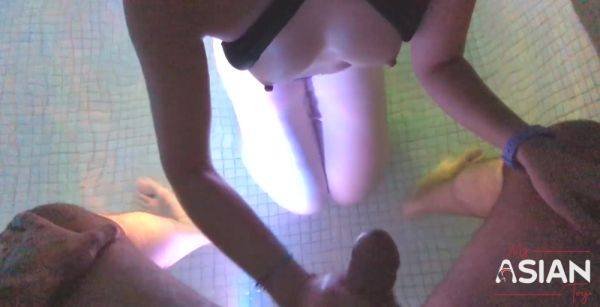 Hot Asian Babe in Swimsuit Takes a Cumshot on Tits in a Pool - anysex.com - China on nochargetube.com