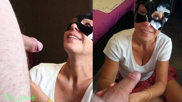 Milf With The Mask Sucks Off Her Husband & Gets A Huge Load On His Face Then Licks The Cum - Cat Woman - hclips.com on nochargetube.com