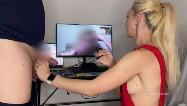 Blonde Anastasia Ocean gives stepmom a close-up view of her husband's big cock on webcam, discussing its impressive size in CFNM action. - veryfreeporn.com on nochargetube.com