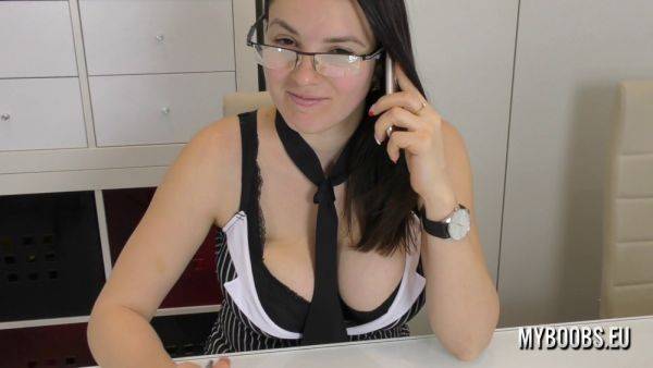 Naughty German MILF with massive natural tits plays with her huge boobs at work - sexu.com - Germany on nochargetube.com