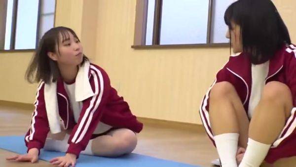 Two beautiful girls in gym clothes lay down a mat and rub and lick the cute breasts of their gymnastics friend - senzuri.tube on nochargetube.com