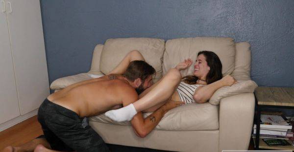 Cute brunette shares moments of lustful passion on the couch - xbabe.com on nochargetube.com