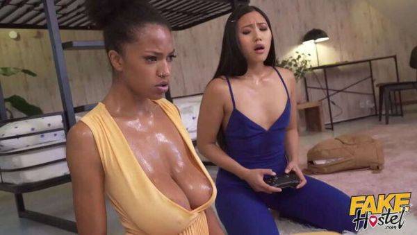 Asian Teen May & Ebony Babe Tina: Intense Gaming Leads to Sweaty Threesome - xxxfiles.com on nochargetube.com