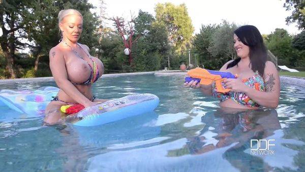 Floating Gazongas: Two British Bombshells With Big Tits In The Pool - porntry.com - Britain on nochargetube.com